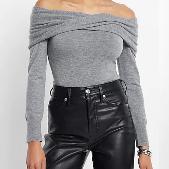 Express Tops - Express Ultra Soft Twisted Off The Shoulder Sweater Thong Bodysuit